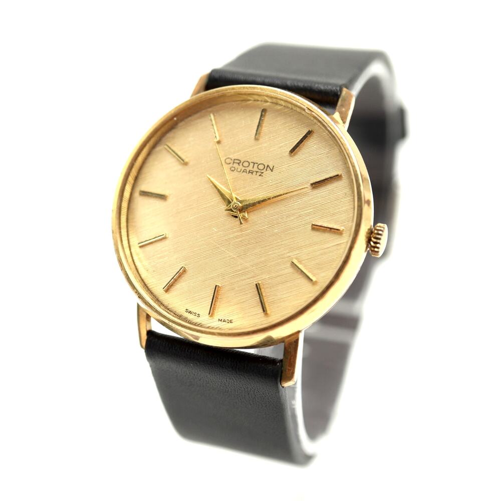 Vintage Croton Swiss Quartz Unisex 33mm Watch Black Leather with New Battery
